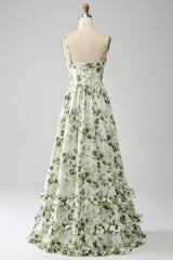 Green A-Line Spaghetti Straps Printed Floor Length Dress With Slit Beautiful