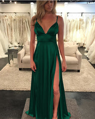 A-line V-neck Long Satin Evening Dresses Split Prom Gowns