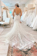 Spaghetti Straps Ivory Mermaid Pleated Tulle Sweep Train Bride Dress