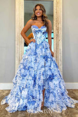 Blue Floral Print A-Line Corset Tiered Sweetheart Slit Prom Dress