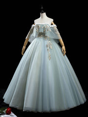Green tulle lace long prom dress, lace evening dress