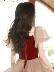 Champagne/Burgundy Tulle Short Prom Dress, Champagne/Burgundy Homecoming Dress