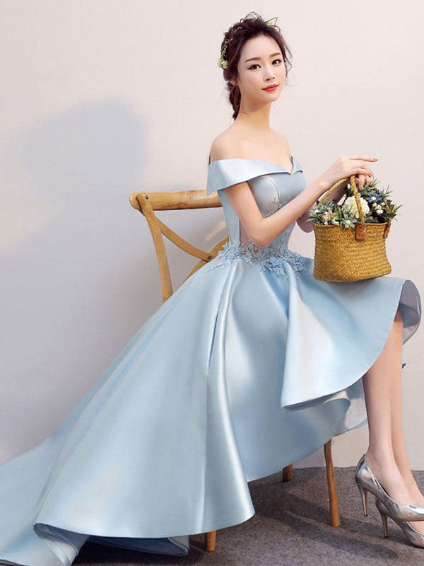 Blue lace satin high low prom dress, blue homecoming dress