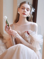 Champagne tulle beads long prom dress, A line tulle formal dress