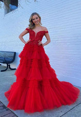 Off the Shoulder Lace Corset Long Prom Dresses with Ruffle Tulle Skirt