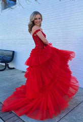 Off the Shoulder Lace Corset Long Prom Dresses with Ruffle Tulle Skirt