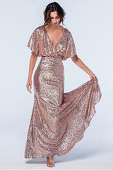 Rose Gold Sequins Long Bridesmaid Dress with Sleeves