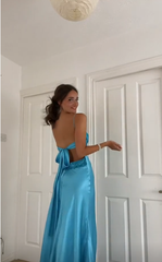 Vintage A Line Spaghetti Straps 90s Blue Prom Dresses Evening Gowns With Bow HZ1024