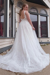 A-Line Tulle White Deep V Long Wedding Dress with Beading