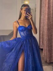 A-Line Sweetheart Neck Tulle Lace Blue Long Prom Dress, Blue Lace Long Evening Dress