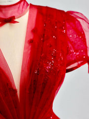 Burgundy A-Line Tulle Sequin Long Prom Dress, Burgundy Formal Dress