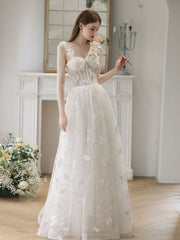 A-Line Sweetheart Neck Beige Lace Long Prom Dress, Beige Formal Dress