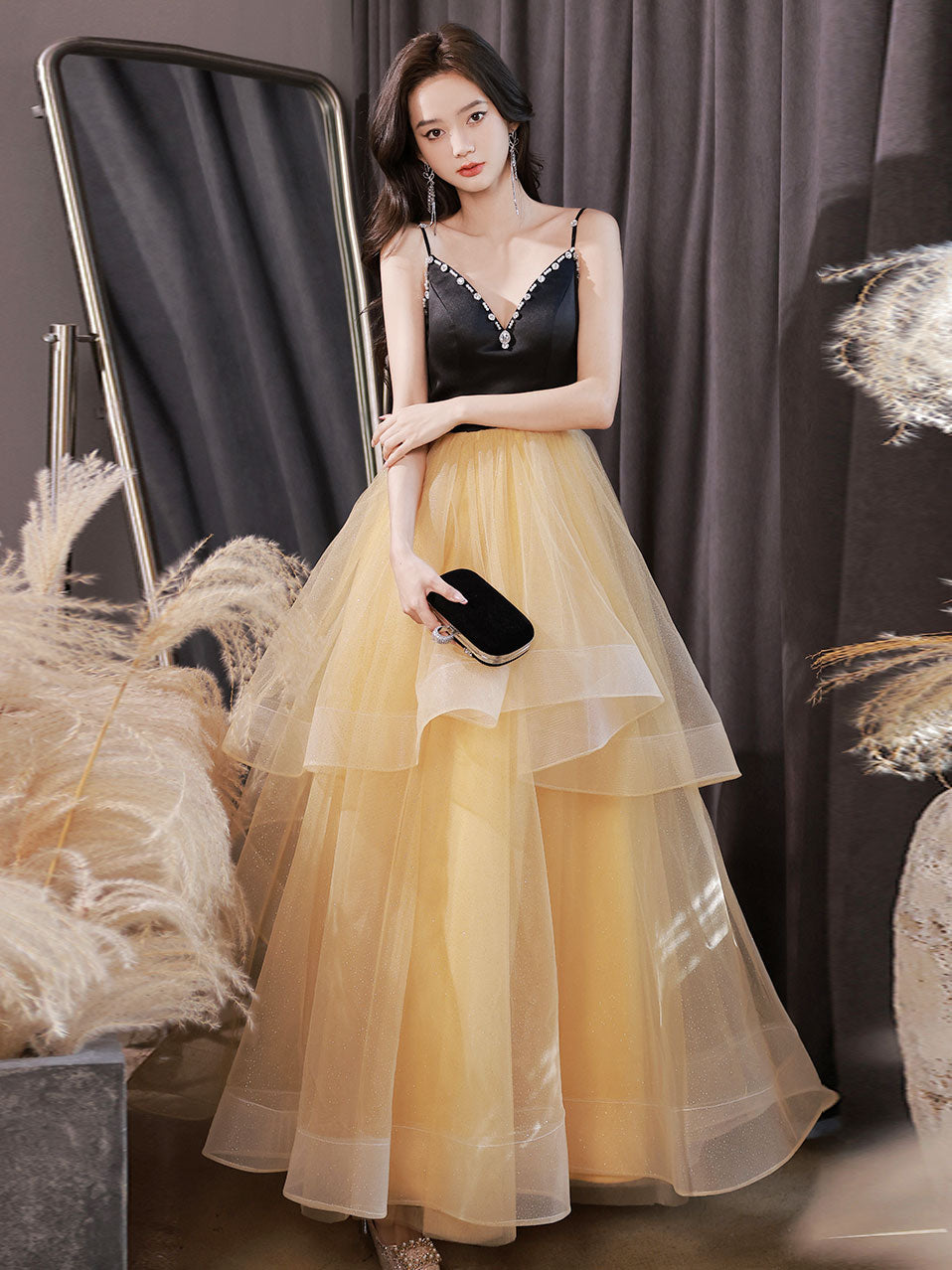 A-Line V Neck Tulle Champagne Long Prom Dress, Tulle Formal Evening Dress