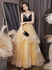 A-Line V Neck Tulle Champagne Long Prom Dress, Tulle Formal Evening Dress