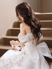White Off Shoulder Tulle Lace Long Prom Dress, White Tulle Formal Dress