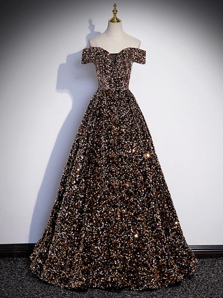 A-Line Off Shoulder Coffee Gold Sequin Long Prom Dress, Coffee Gold Formal Dress
