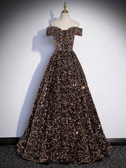 A-Line Off Shoulder Coffee Gold Sequin Long Prom Dress, Coffee Gold Formal Dress
