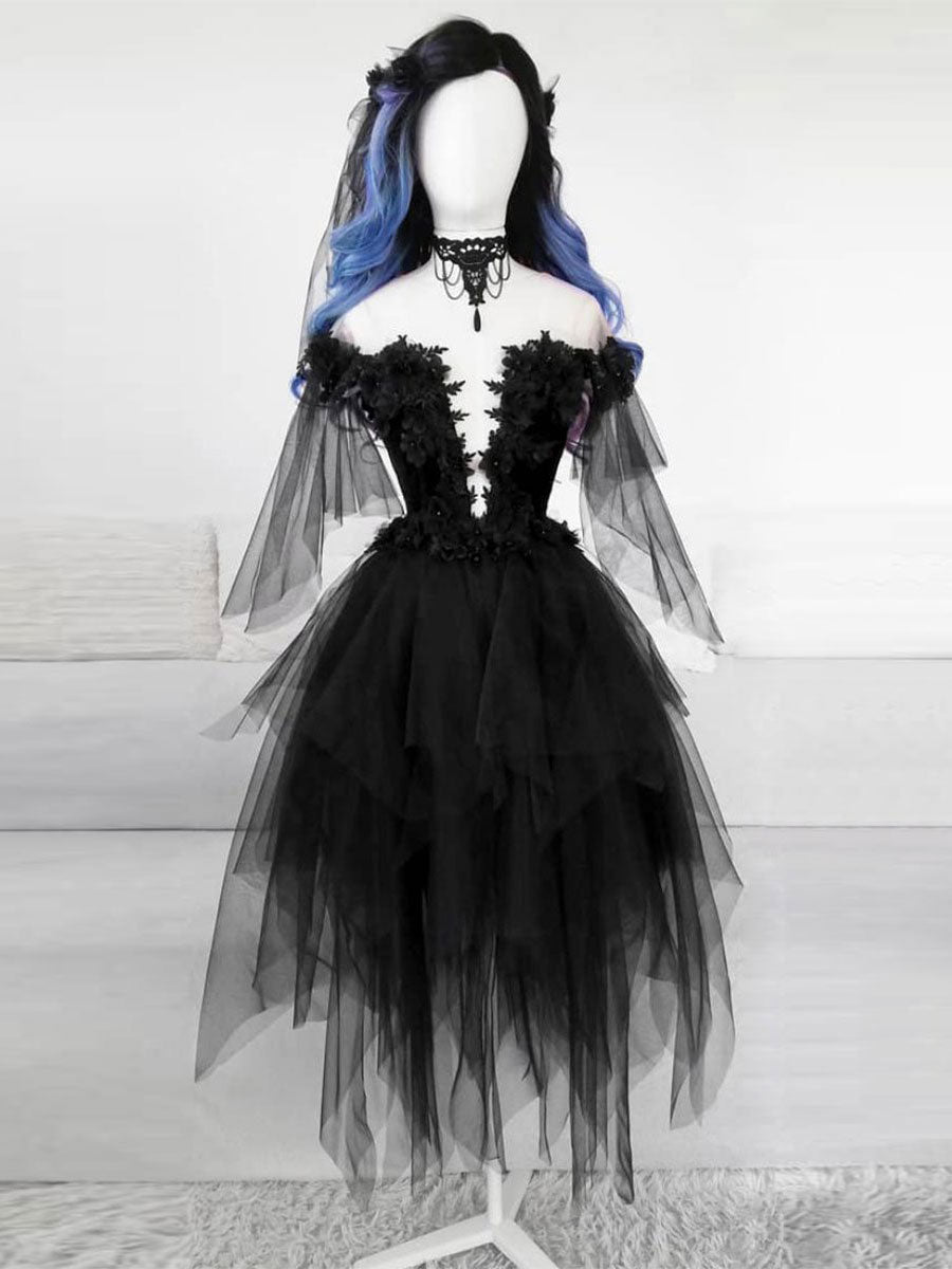 Black tulle lace short prom dress black lace cocktail dress