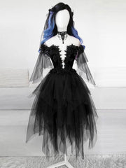 Black tulle lace short prom dress black lace cocktail dress