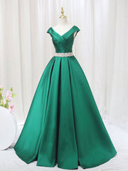 A-Line Satin V Neck Burgundy Long Prom Dress, Burgundy Formal Dresses