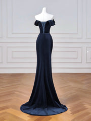Simple Velvet Dark Blue Long Prom Dress, Dark Blue Long Formal Dress