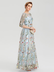 A-Line Empire Dress Party Wear Floor Length Sleeve Illusion Neck Lace with Embroidery