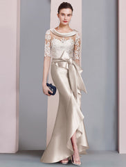 Mermaid / Trumpet Mother of the Bride Dress Formal Wedding Guest Elegant High Low Scoop Neck Sweep / Brush Train Asymmetrical Satin Lace Half Sleeve with Bow(s)