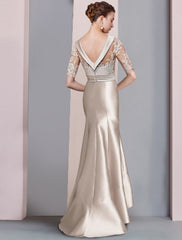 Mermaid / Trumpet Mother of the Bride Dress Formal Wedding Guest Elegant High Low Scoop Neck Sweep / Brush Train Asymmetrical Satin Lace Half Sleeve with Bow(s)