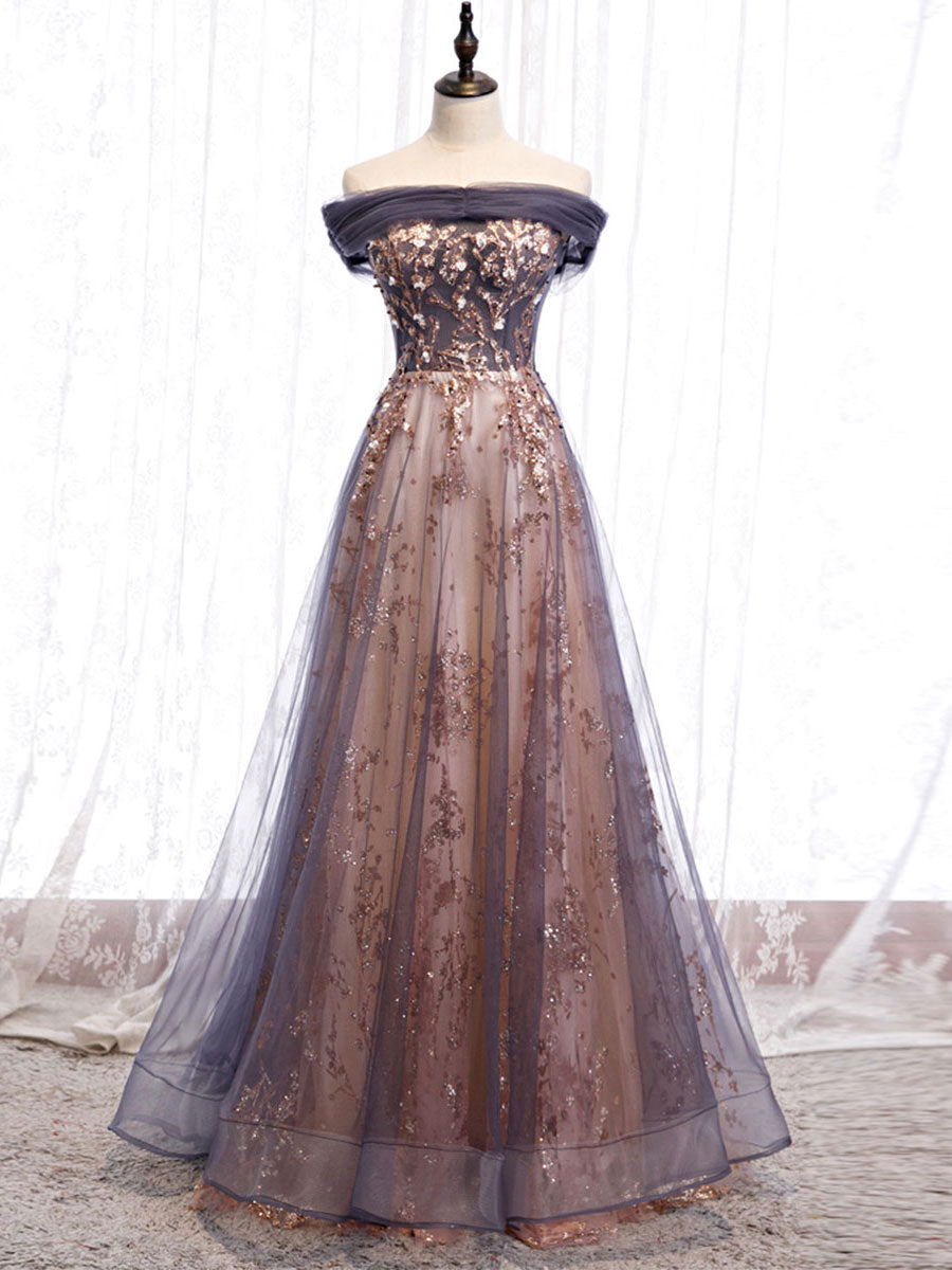 Unique tulle off shoulder lace long prom dress lace formal dress