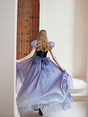 Purple tulle long prom dress, purple A line evening dress