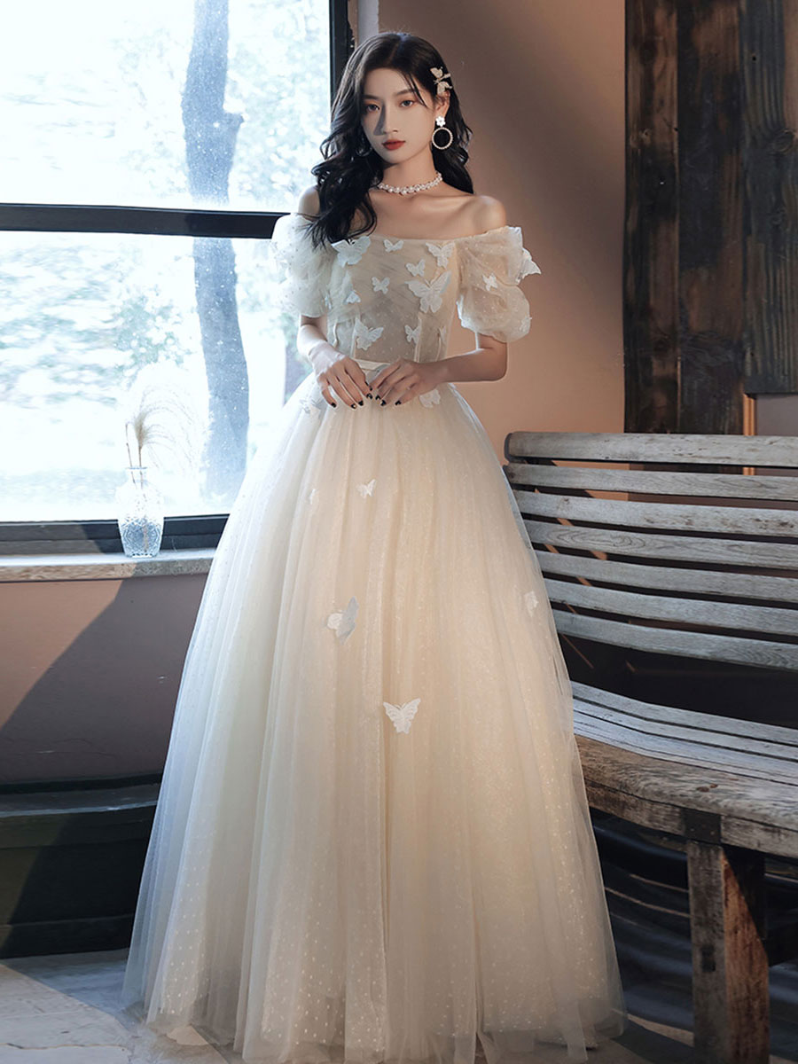 Champagne tulle lace long prom dress champagne tulle formal dress
