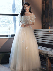 Champagne tulle lace long prom dress champagne tulle formal dress