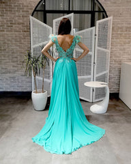 Green round neck chiffon lace long prom dress, green evening dress