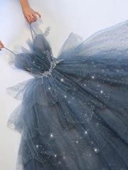 Gray blue tulle sequin long prom dress, gray blue tulle formal dress