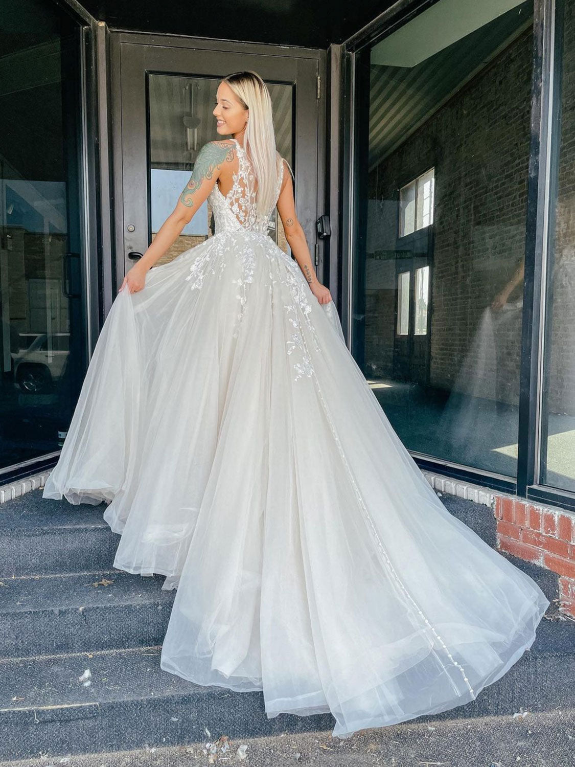 Light champagne tulle lace v neck long prom dress, lace evening dress