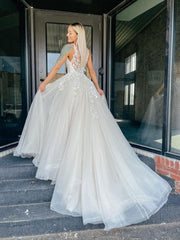 Light champagne tulle lace v neck long prom dress, lace evening dress