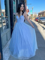 Simple backless tulle long prom dress, backless evening dress