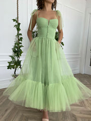 Simple green tea length prom dress, green evening dress