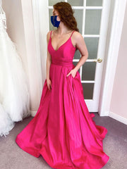 Simple pink v neck satin long prom dress pink formal dress