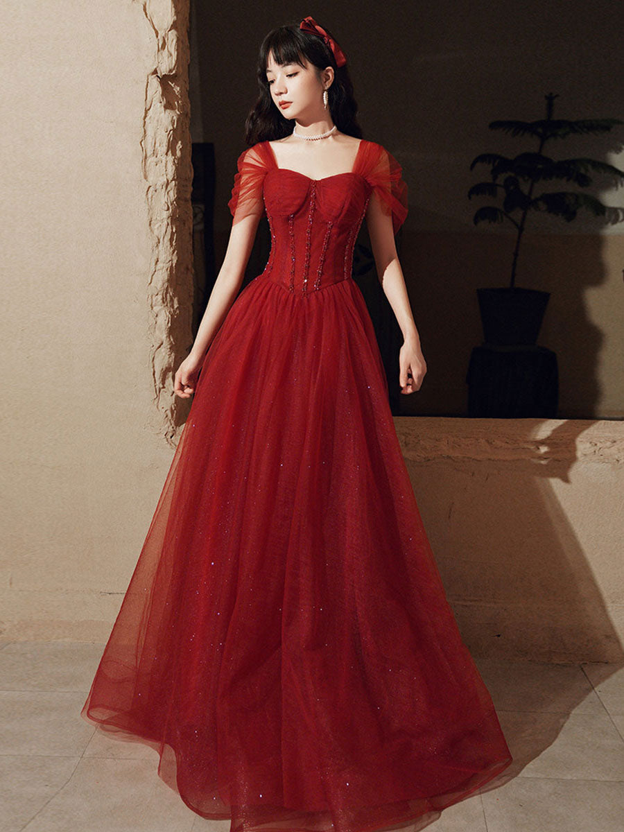 simple burgundy tulle off shoulder prom dress tulle evening dress