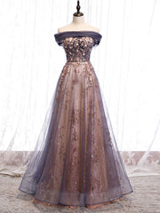Unique tulle off shoulder lace long prom dress lace formal dress