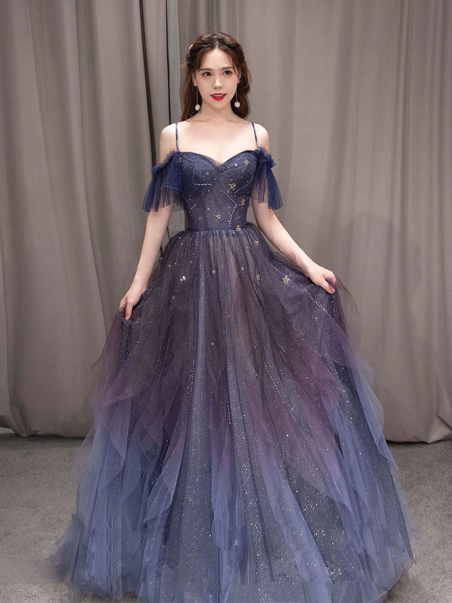Dark starry sky purple tulle long prom dress purple evening dress