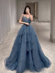 Gray blue tulle sequin long prom dress, gray blue tulle formal dress
