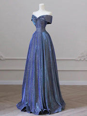 Simple Off Shoulder Satin Blue Long Prom Dress, Blue Long Formal Dress
