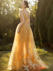 Simple A line tulle lace long prom dress, lace tulle formal dress