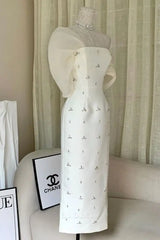 Sheath Strapless White Satin Beads formal dresses Bridesmaid Dresses evening gown Prom Dress