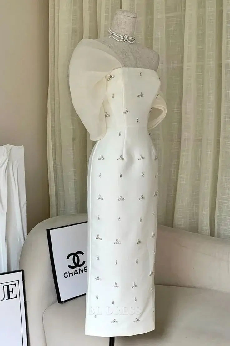 Sheath Strapless White Satin Beads formal dresses Bridesmaid Dresses evening gown Prom Dress