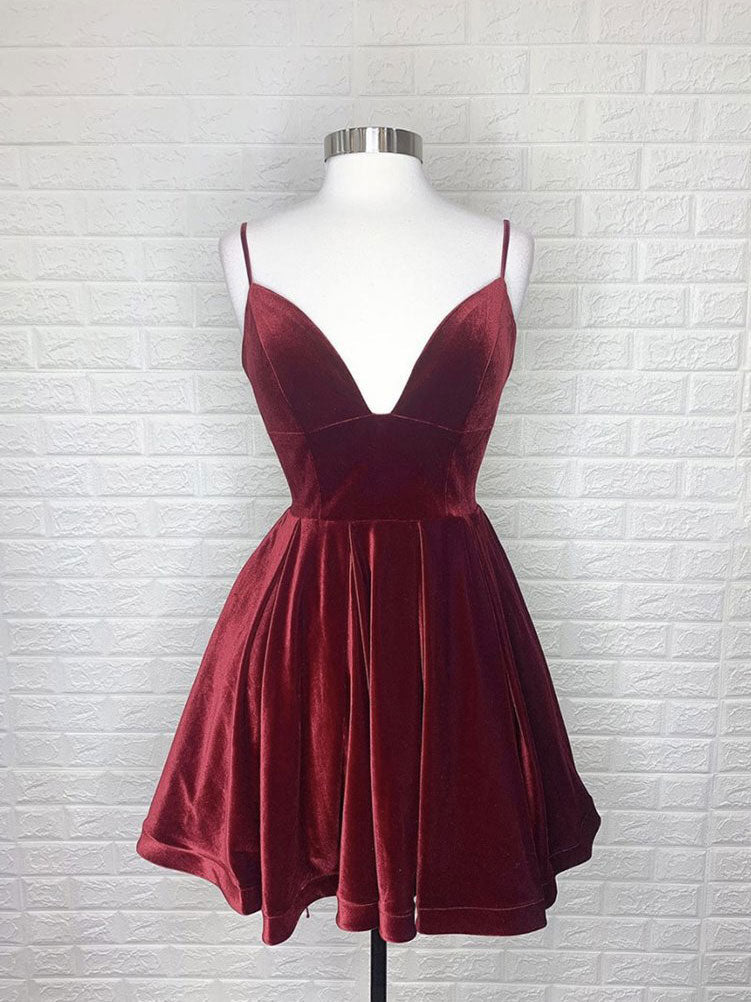 Simple burgundy v neck short prom dress burgundy homecoming dress