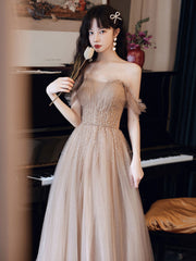 Champagne tulle beads long prom dress, champagne evening dress