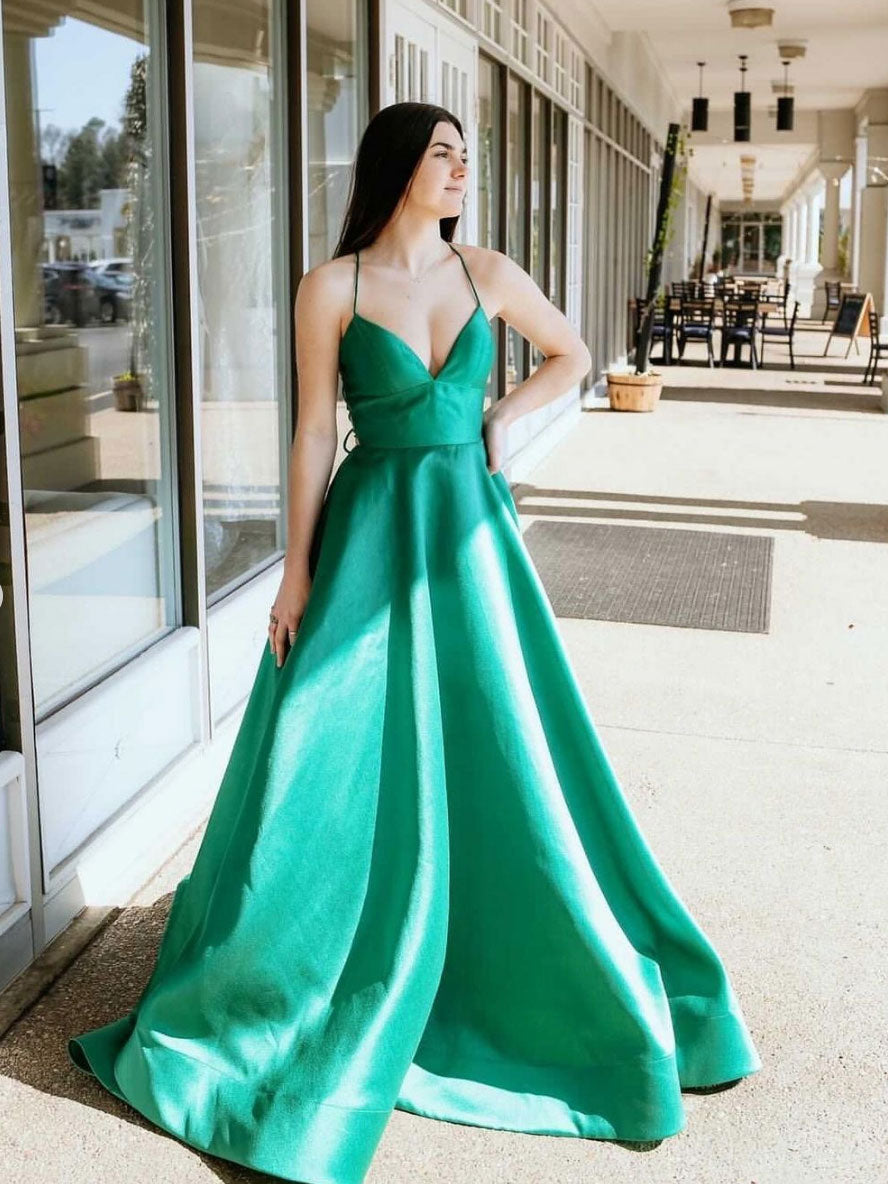 Simple v neck green tulle long prom dress green formal dress